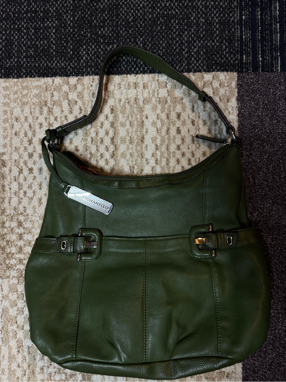 Tignanello Deep Olive Green Leather Hobo Shoulder Bag